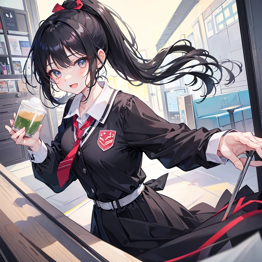 Girl, black hair, older sister, tie her hair in a ponytail and laugh at the speaker, high-quality picture, masterpiece, beautiful girl, cafe,