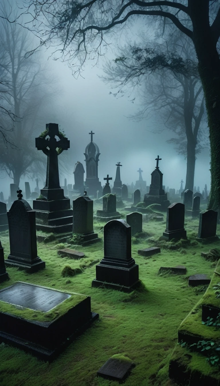Mysterious mist, mysterious old cemetery, tombstones emerging from thick fog, delicate light breaking through mist, mystical and magical atmosphere, (best quality,8k,ultra-detailed,realistic,photo-realistic:1.37), dramatic lighting, moody and atmospheric, dark and gloomy, eerie and haunting, gothic architecture, ornate headstones, overgrown with moss and vines, moonlight peeking through the fog, haunting and mysterious