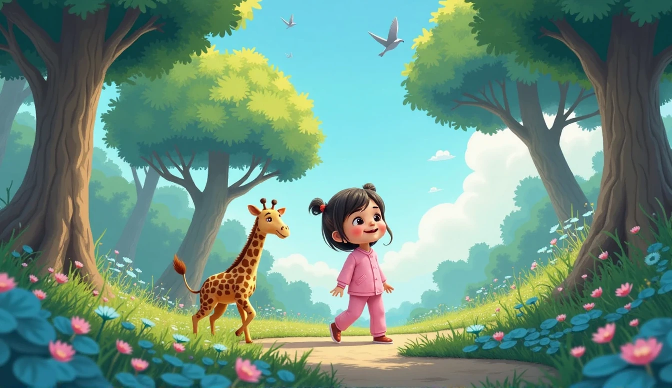 sad hare sits under the tree, There's a small plush giraffe standing next to a little cartoon girl in pink pajamas.