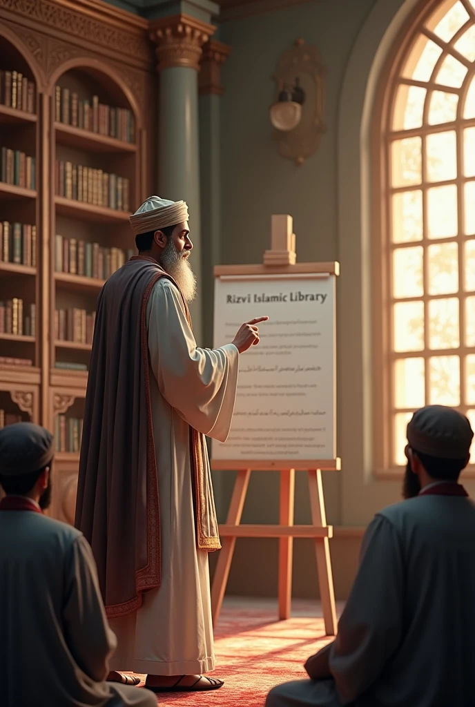 Young islamic scholar teaching his lot of students on a white board in a library with rizvi islamic library written on wall