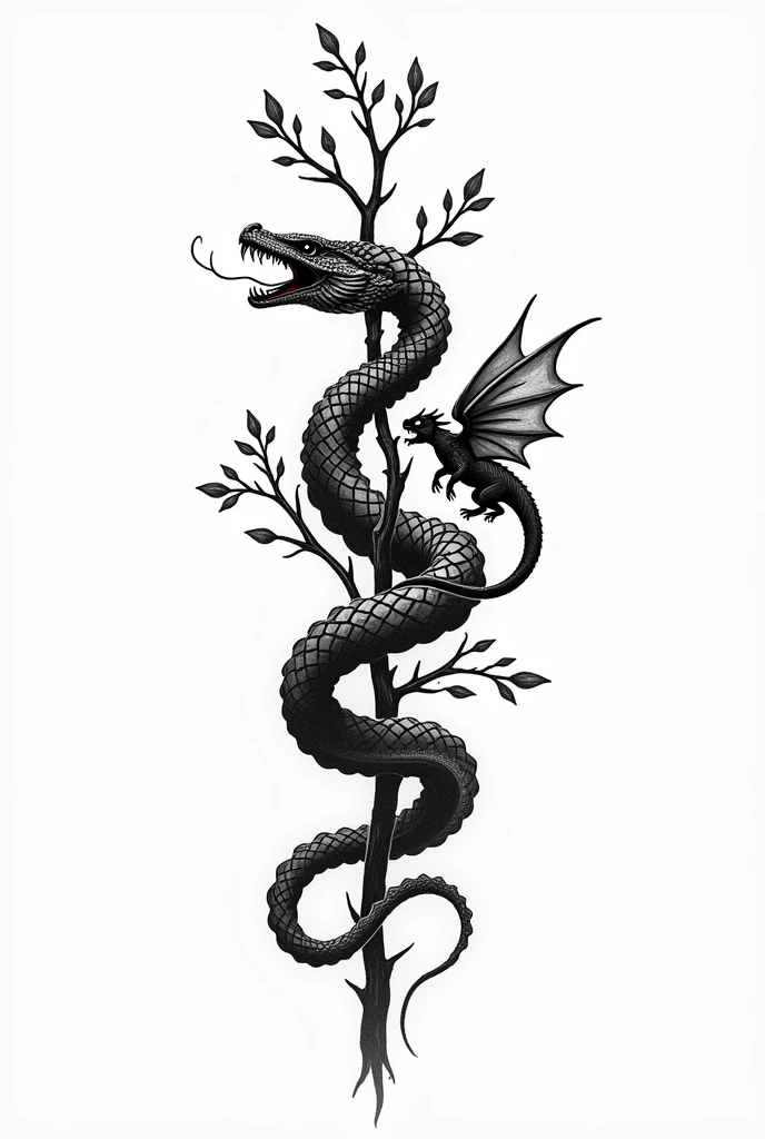 Tattoo design where a snake wraps around branches coming from the top on the left side of the collarbone and hisses where you can see fangs and on the right side a  dragon with wings which also wraps around branches with leaves from above and hisses where you can see teeth the whole thing in black and white and not so dark designed 