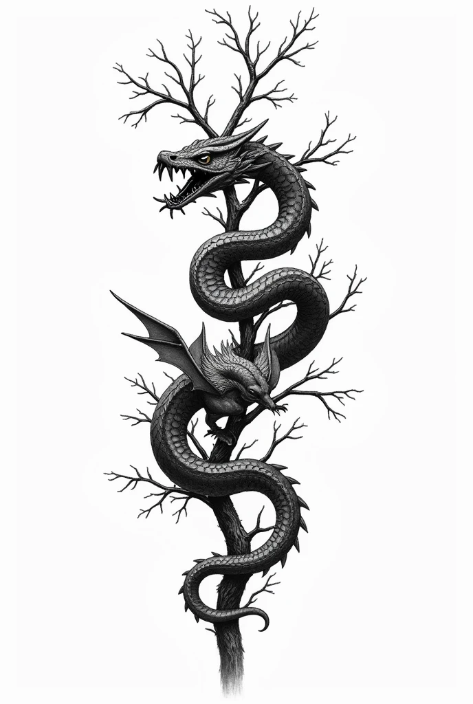 Tattoo design where a snake wraps around branches coming from the top on the left side of the collarbone and hisses where you can see fangs and on the right side a baby dragon with wings which also wraps around branches with leaves from above and hisses where you can see teeth the whole thing in black and white and not so dark designed