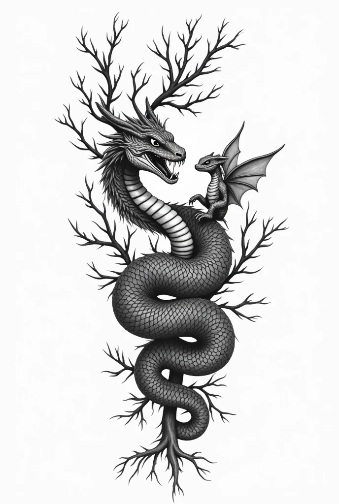 Tattoo design where a snake wraps around branches coming from the top on the left side of the collarbone and hisses where you can see fangs and on the right side a baby dragon with wings which also wraps around branches with leaves from above and hisses where you can see teeth the whole thing in black and white and not so dark designed 