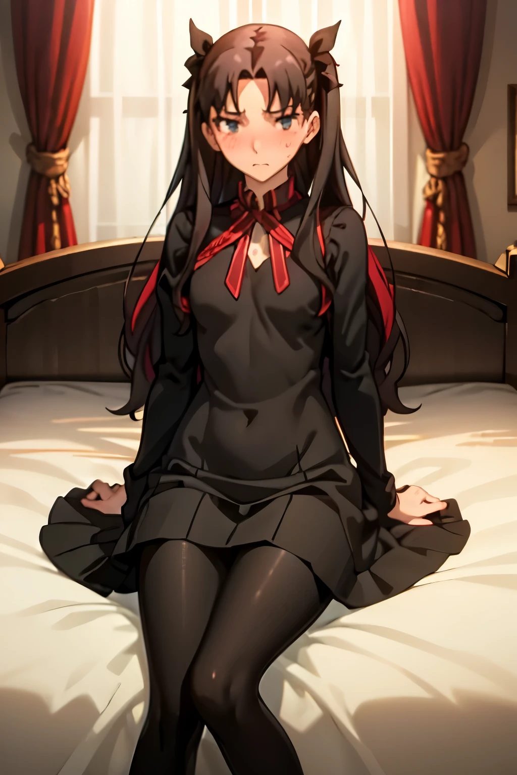 (Highest quality:1.1), (masterpiece:1.4), (Absurd:1.0),
One Girl, Tohsaka Rin、Black Hair、Long Hair、Medium chest、Looking at the audience、Bedroom、(blush:1.2)、Embarrassed expression、((pantyhose))、((Knitted dress))、((sit))、