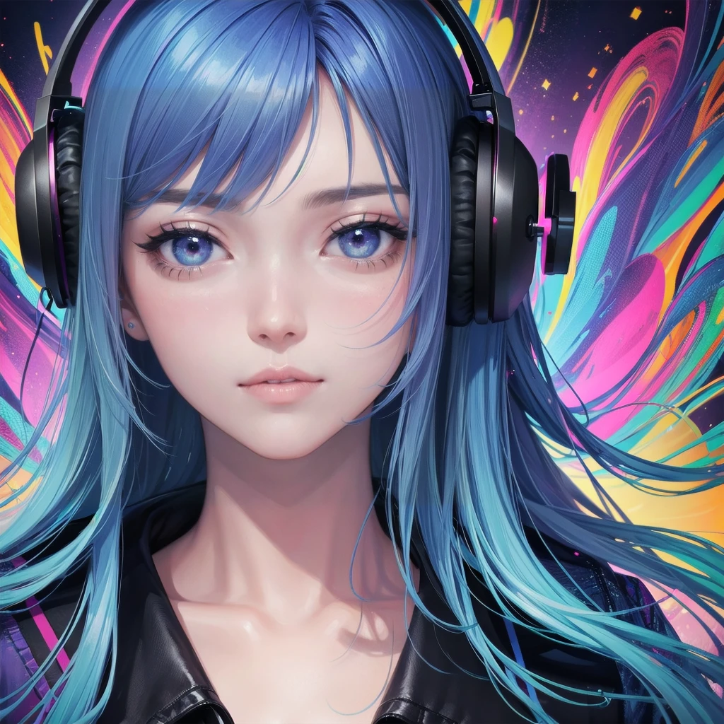 a person listening to music, psychedelic background, detailed face, detailed eyes, detailed lips, beautiful woman, long hair, headphones, colorful abstract patterns, vibrant colors, trippy, surreal, digital art, 8k, highly detailed, photorealistic, masterpiece
