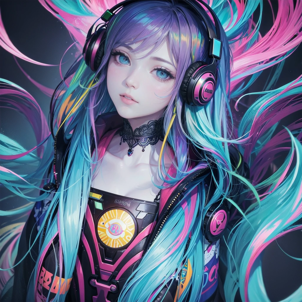 (tmasterpiece,top Quority,best qualtiy,offcial art,Beauty and aesthetics:1.2),(1girll:1.3),The is very detailed,"Youth" theme,eyes with brightness,frizzy hair,Clear hair segmentation,Modern clothes depict the face in detail,The best lighting,2D style,galloping,Big gesture,Youthful,With hands,Sports girl wearing headphones,sport,Music and movement,The main colors are teal and pink --auto