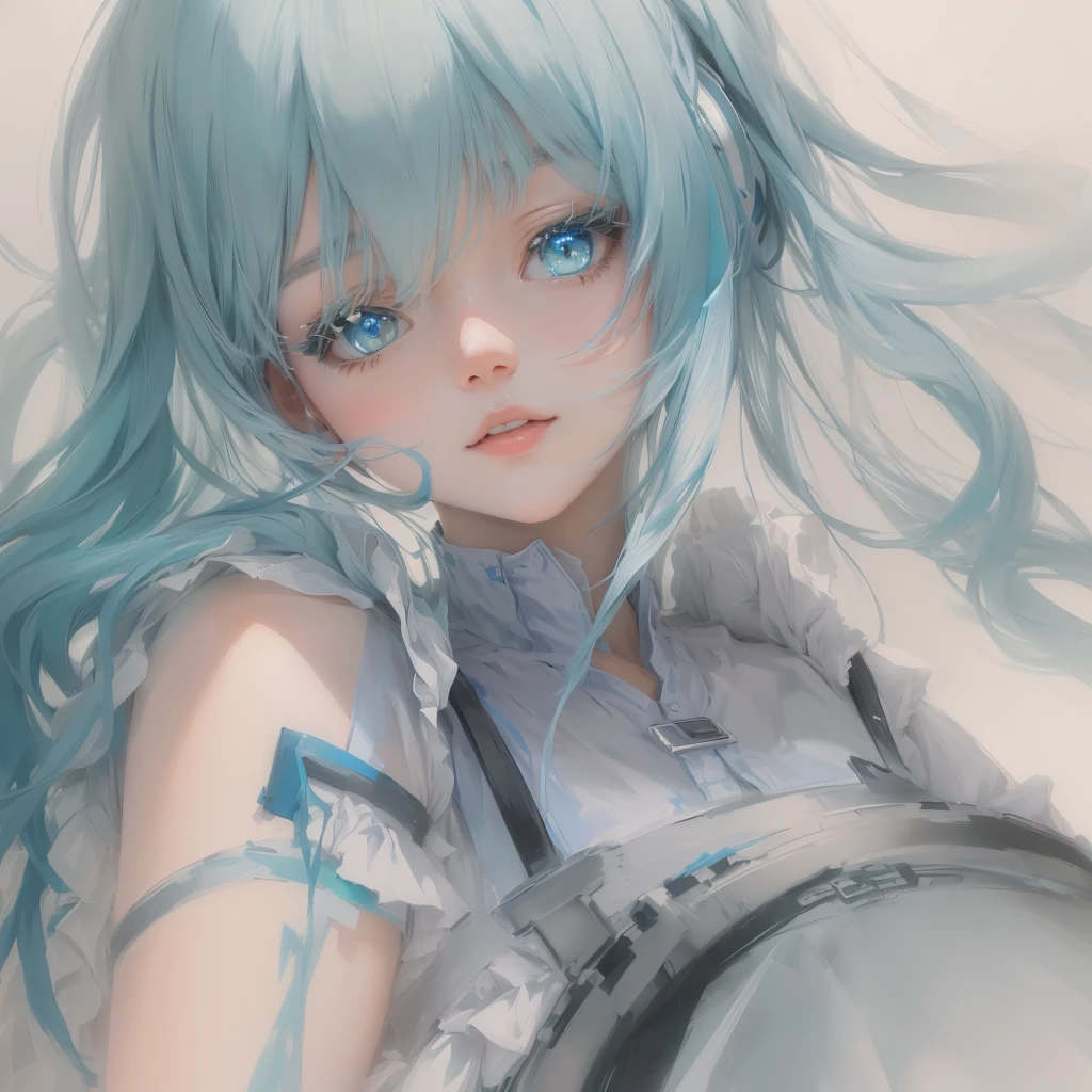 An anime girl with blue hair is sitting wearing a white dress., Created by Anime Painter Studio, Painted in an anime artist&#39;s studio, Mikudayo, Digital art on Pixiv, White Cyan, Anime Art Wallpapers 8K, Anime Style 4k, Zerochan Art, anime art wallpaper 4k, anime art wallpaper 4k, Turquoise Haired Anime, Detailed digital anime art