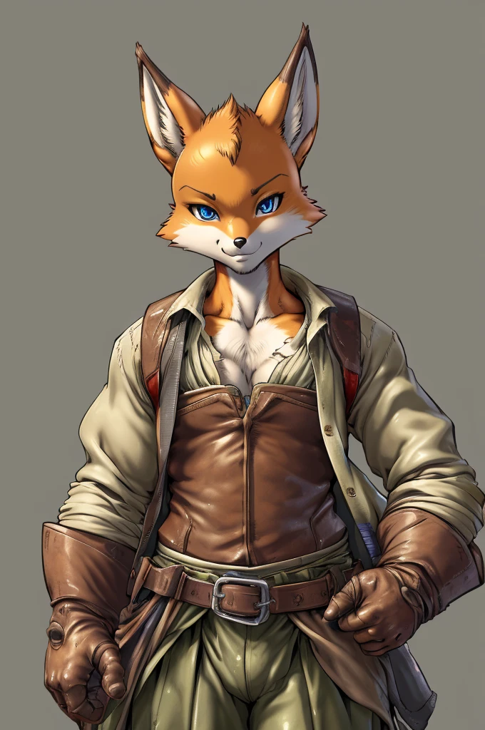 fox, furry male anthro,HD,sharp,boy ((anthro)),1boy,boy,young boy,(look at viewer) ,(perfect eyes),((brown skin)),(beige skin),ltfoxvixen,black eyes,by dr comet,by pochincoff, by jlullaby,by kingbang,by obui,by ZeroQrisu,by sparrow,by gmeen,Thief,farmer outfit,green((simple background)),(gray background)