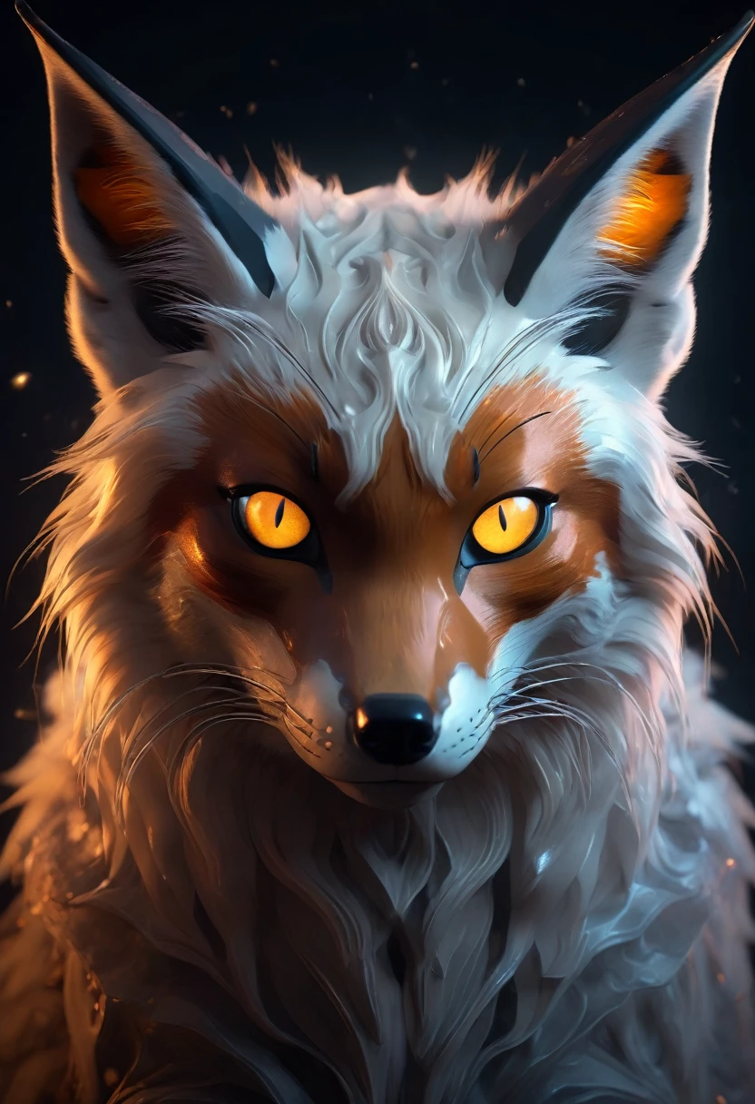 A mysterious fox, (hyperrealistic detailed portrait:1.37), (extremely detailed, cinematic lighting, dramatic atmosphere:1.2), (photorealistic, 8k, high resolution, best quality:1.4), sly and cunning expression, deep gaze piercing the soul, floating in space, paradoxical nature, transcending time and space, surreal and dreamlike, dramatic chiaroscuro lighting, vibrant and saturated colors, intricate fur details, glowing eyes, powerful and intense.