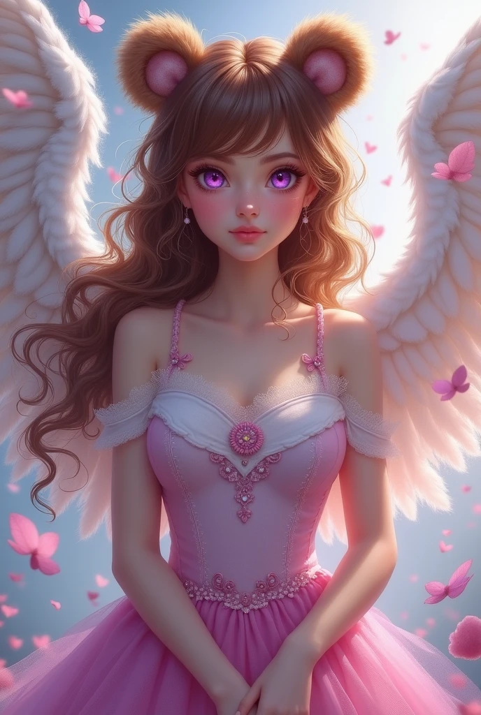A girl with bear ears,The color of her hair is brown,the eyes are dark purple and bright,wearing a beautiful dress, pink on the bottom, white on top, with angel wings and large breasts