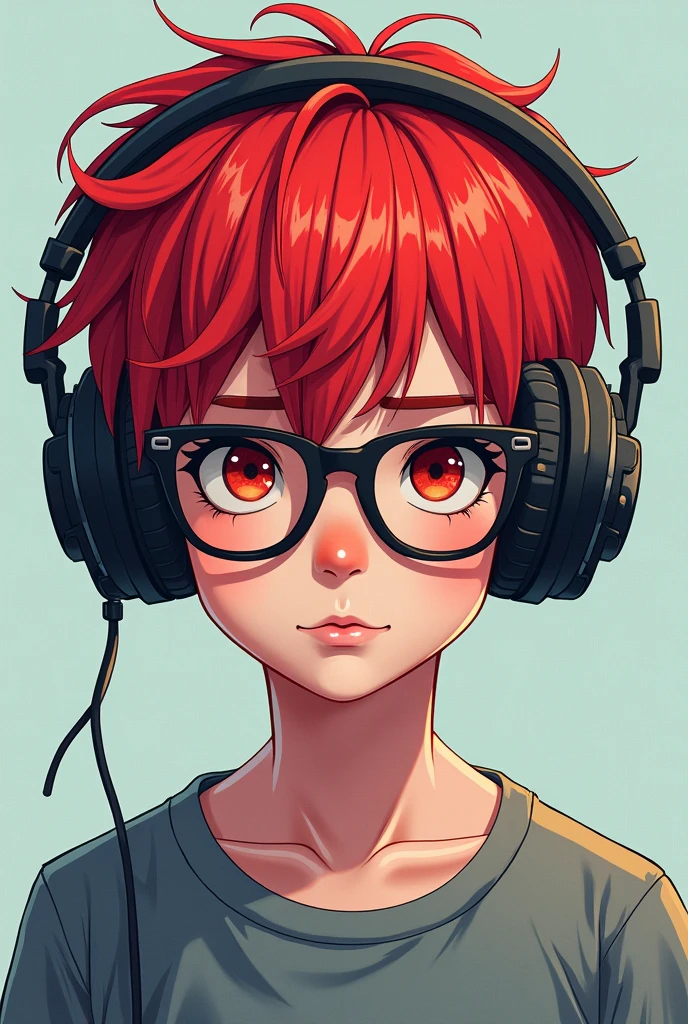 a boy with glasses, with red eyes and red hair wearing a shirt and headphones