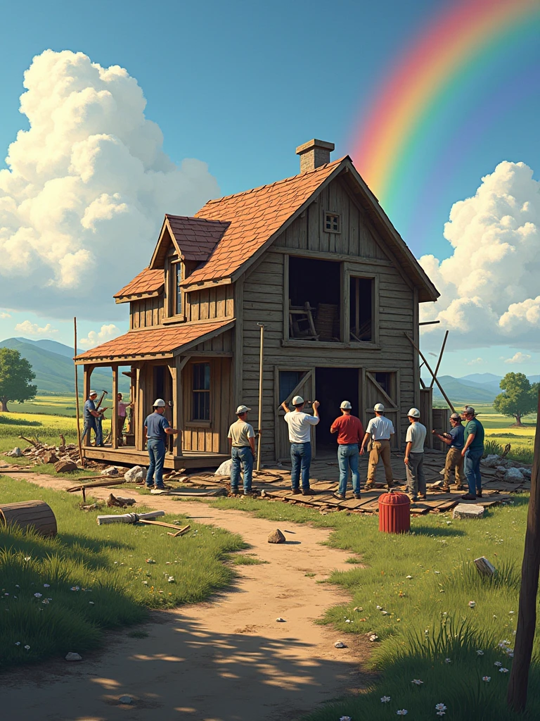 A simple house in a rural area, partially damaged after a storm. however, the image is of reconstruction: a group of people work together to fix the house, With hammers and planks, while others help to clear the debris. in the sky, the sun begins to appear between the clouds, and a rainbow forms in the distance, symbolizing hope and recovery after challenges
