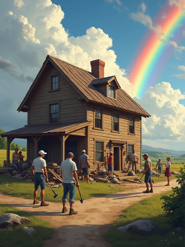 A simple house in a rural area, partially damaged after a storm. however, the image is of reconstruction: a group of people work together to fix the house, With hammers and planks, while others help to clear the debris. in the sky, the sun begins to appear between the clouds, and a rainbow forms in the distance, symbolizing hope and recovery after challenges