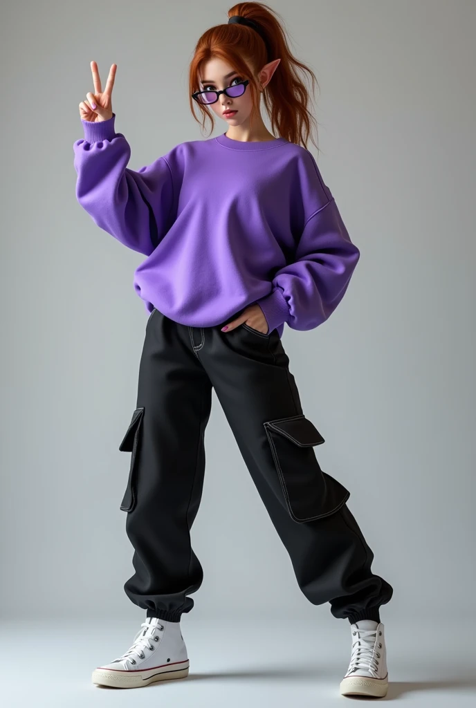 demon girl, Ponytail Hairstyle, Brown Hair Color,glass lenses, black cargo pants, purple sweatshirt,WHITE TENNIS,poses for a photo making peace signs