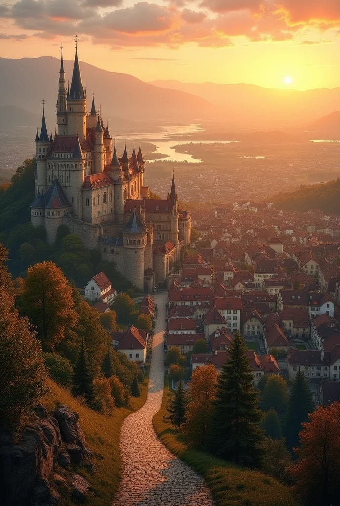A vast and grand kingdom inspired by French villages from around 100 years ago, viewed from a distant mountain peak, with the kingdom stretching far into the distance under a golden sunset. The expansive kingdom spreads across the horizon, with a majestic palace at its center on flat ground, its towering spires visible even from afar. The palace is surrounded by an endless array of charming houses with red-tiled roofs and stone walls, along with bustling market squares, schools, ponds, and lakes that glimmer in the soft evening light. Cobblestone streets fan out from the palace, weaving through the sprawling village that seems to extend endlessly, with vibrant marketplaces, peaceful parks, and residential districts spreading as far as the eye can see. The rolling hills and valleys enhance the grandeur, making the kingdom appear both vast and magnificent, all under a sky painted with warm orange and pink hues