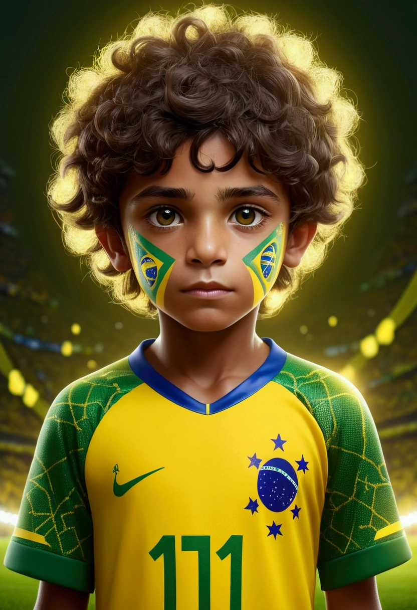 Football fanatic boy wearing a Brazil jersey 