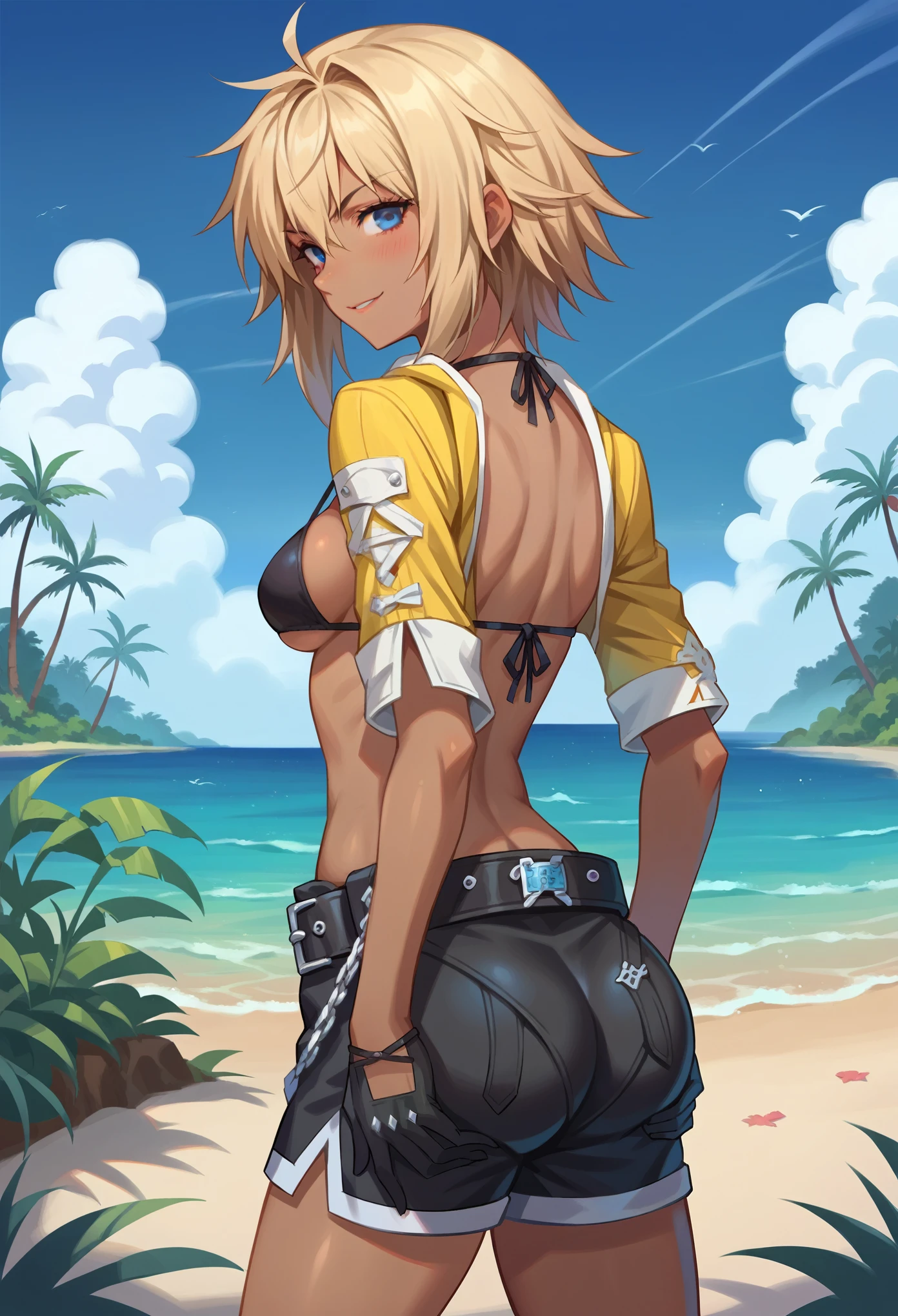 score_9, score_8_up, score_7_up, source_anime, 1girl, solo, (female:1.2), female focus, TidusFFX, blonde hair, dark hair roots, (medium hair), blue eyes, dark skin, solo, open clothes, shorts, black gloves, shorts, top bikini, back bikini, belt, chain, standing, hand on ass, blushing, slight smile, looking at you, tropical village, clear sky, day, from behind