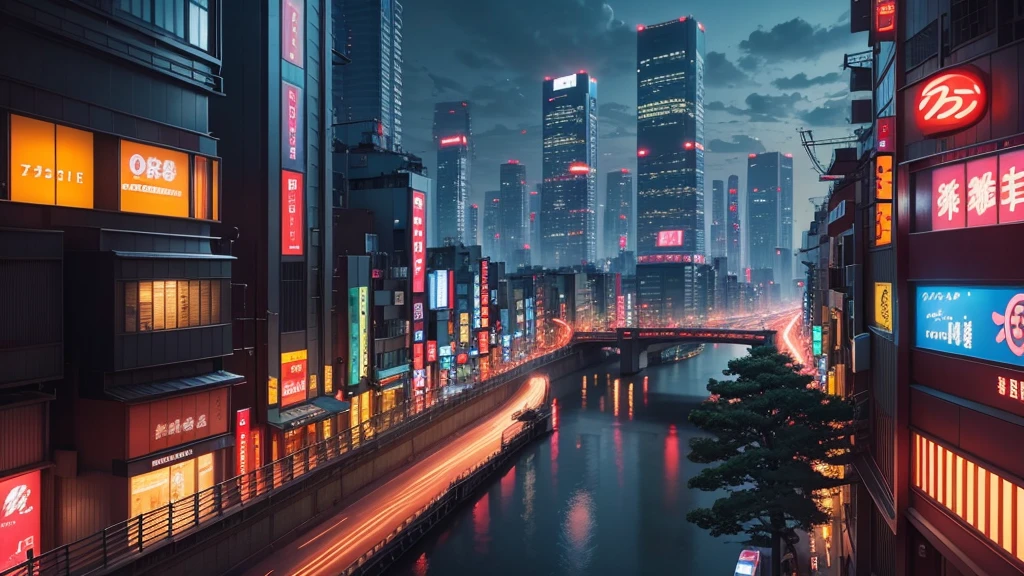 Anime-style background of Tokyo cityscape at night, The scene captures the vibrant energy of Tokyo with its towering skyscrapers adorned with neon signs and billboards, Streets are bustling with people and cars, reflecting the city's lively atmosphere, Traditional Japanese elements like a torii gate or cherry blossoms in the foreground add a touch of cultural authenticity, The sky is dark with scattered clouds, and the city's lights create a beautiful contrast, illuminating the scene, The overall mood should be dynamic and slightly futuristic, with a blend of modern urban life and traditional Japanese charm