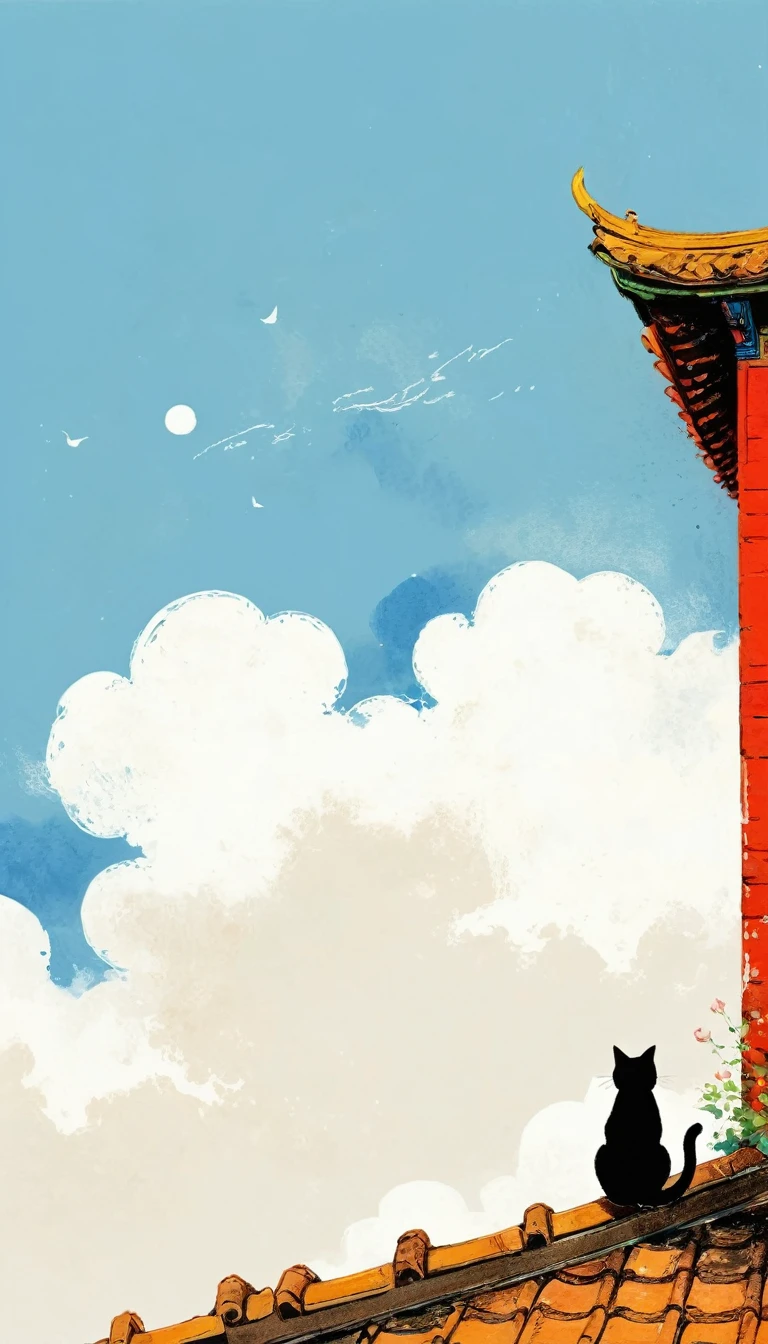 A painting,中国水墨画sketch:Light Ink,Lowercase,sketch,artistic conception,A cat on the roof,cloud,Minimalism,(((Negative Space,Bottom left composition)))