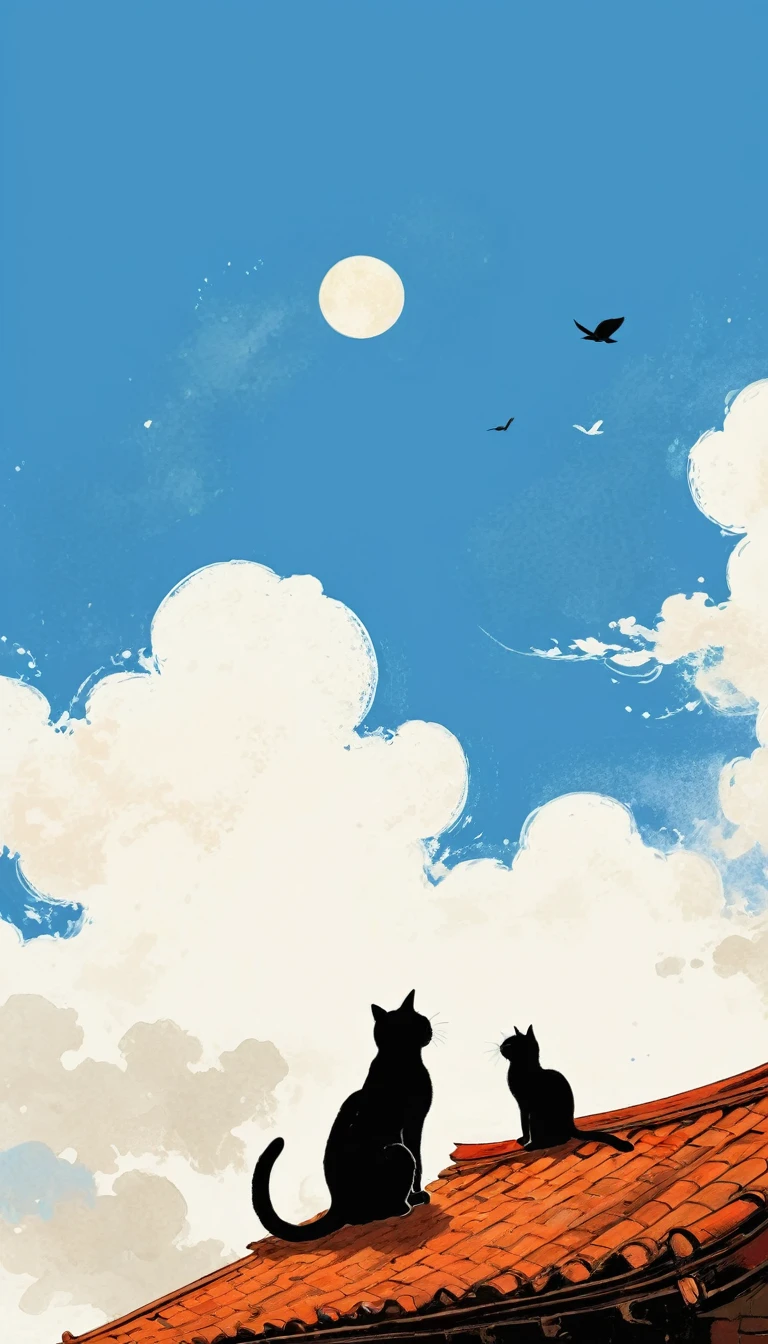 A painting,中国水墨画sketch:Light Ink,Lowercase,sketch,artistic conception,A cat on the roof,cloud,Minimalism,(((Negative Space,Bottom left composition)))