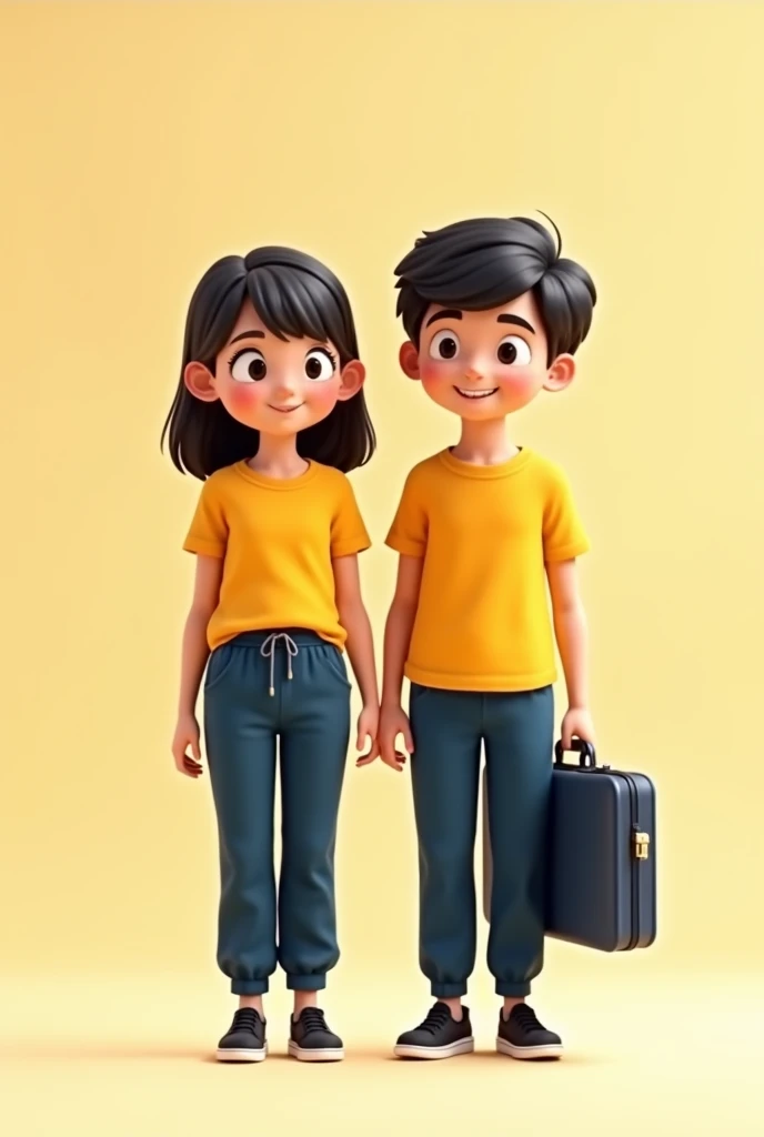 Image of an animated girl and boy without background, that they are dressed in school uniform with a completely yellow short-sleeved T-shirt and dark blue sweatpants, with black shoes completely to the sole and black laces, with a briefcase on and school supplies back to school
