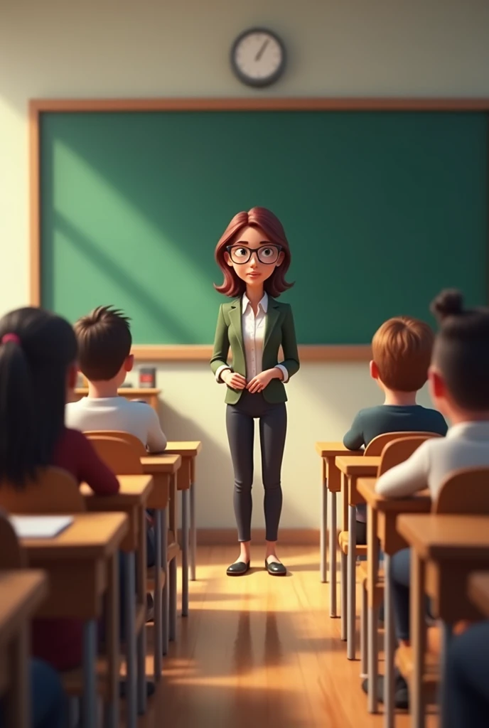 Animated image of a teacher standing in front of her students with the board behind her and the students in rows of two-seater desks and looking at the teacher.