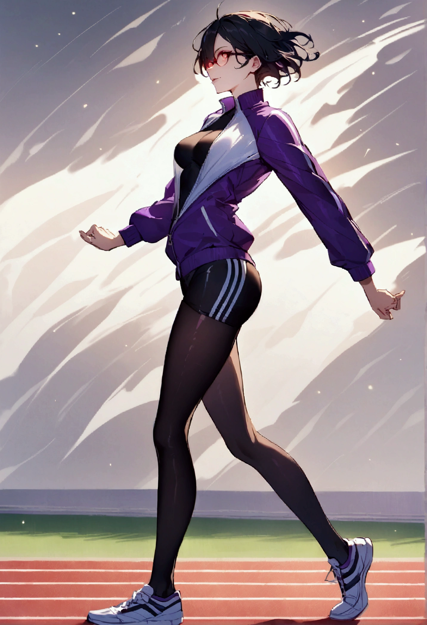 standing,going,sprinting,alone, short hair running track,work of art,face detailed,beautiful young fitness woman with , in a gym wearing May with black pantyhose, white and purple tight short gym jacket. standing alone,red eyes glowing,Evil smile,legging preto ,labiaa,dark eye shadow,shining eyes,neckleace,jacket zipper half open,Tight black shirt,white sports tennis shoes,short hair with purple details,beautiful curves,whole body,hair with purple details,labiaa,detailed face and eyes,work of art,sexy look,pefil from sideways,from sideways,wind in your hair,fully body,glasses on eyes