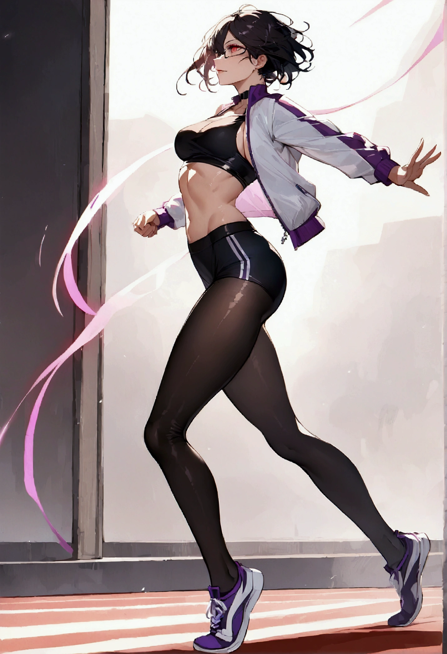 1girl, nsfw, very short haircut, hair over one eye, purple violet skimpy strapless bikini clothing, d cup breasts, round hips, very light blue violet hair, full body, floating in the air, back view, lunging forward, facing right, attack pose, arms reaching out forward, blank gray background