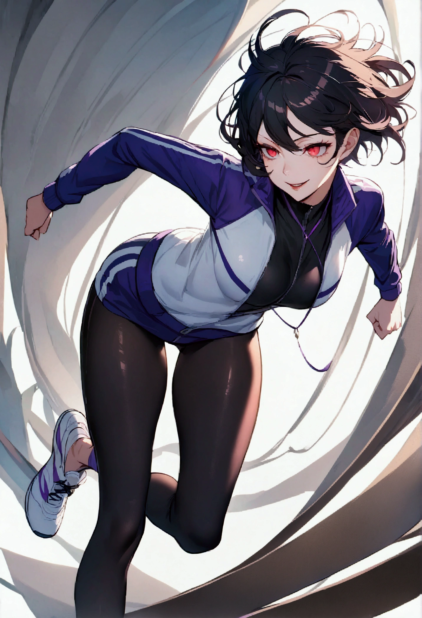 beautiful young fitness woman with , in a gym wearing May with black pantyhose, tight white and purple gym jacket. standing alone,hair horns,red eyes glowing,Evil smile,legging preto ,labiaa,dark eye shadow,shining eyes,hands on waist
