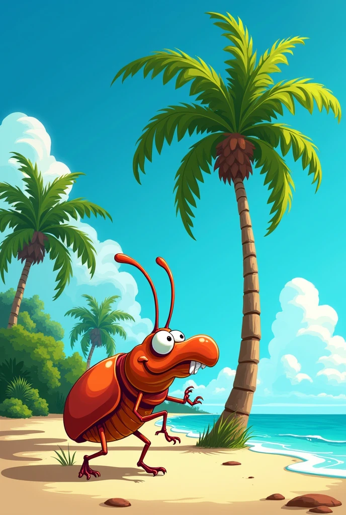Weevil (Rhynchophorus ferrugineus) chasing a palm tree against a blue sky, everything as if it were a cartoon