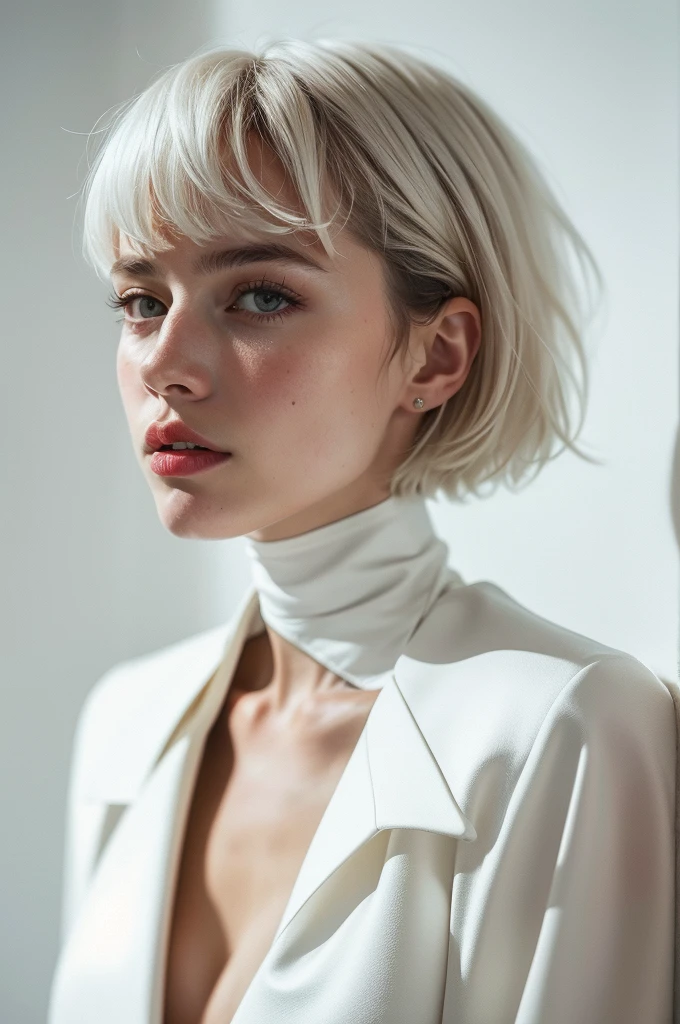 Instagram Photos, French woman, 21 years old, square hair cut,White fur, Drape shirt, Neckline, pale, Sharp Shadow,whole body,Pure white background,White background