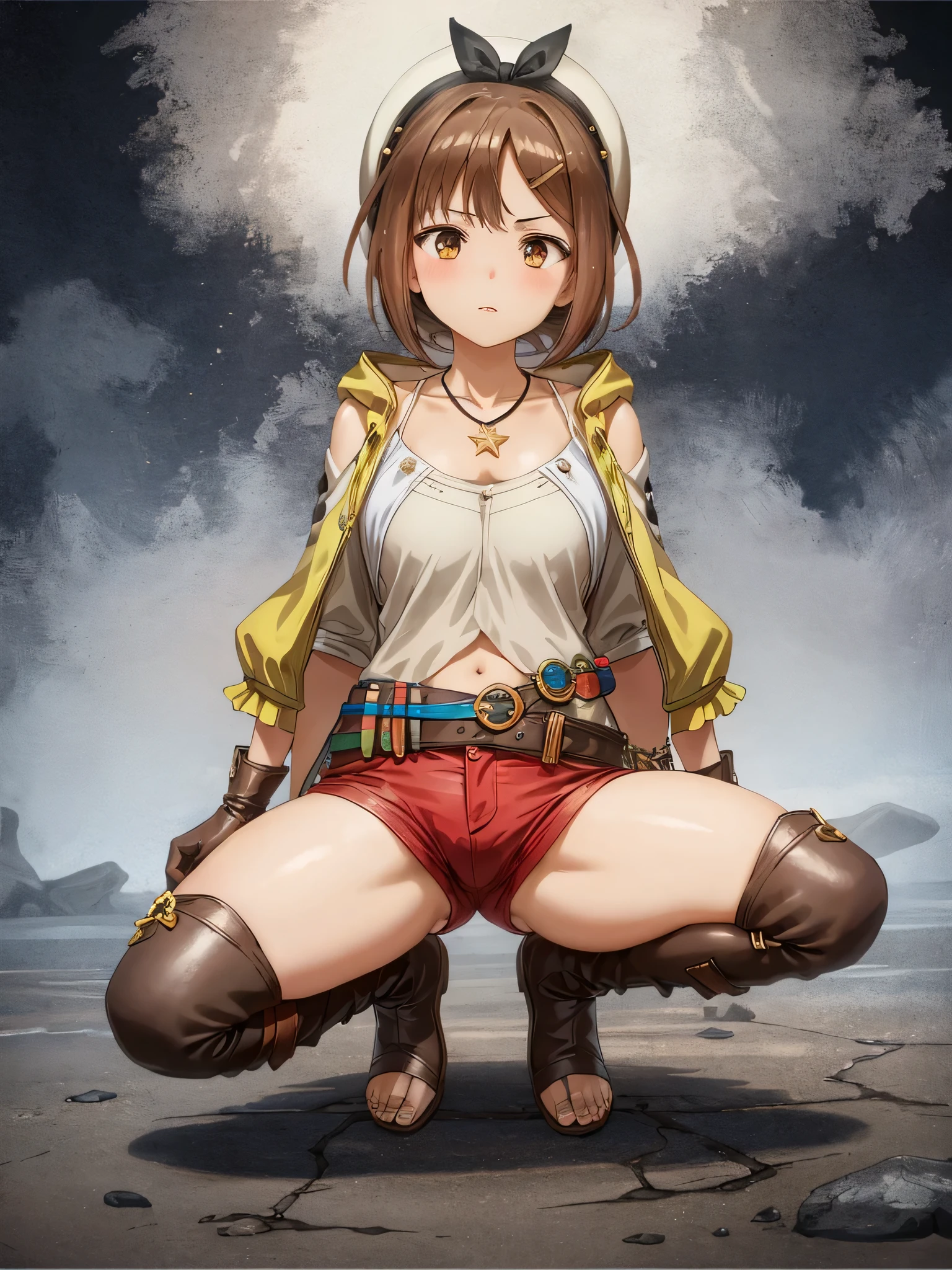 nsfw,(Squat down and spread your legs:1.2), riser, 1 person, alone, blush, Shorts, gloves, Belt bag, have, Head Ribbon, jewelry, red shorts, Brown Hair, short Shorts, Bridal Legwear, necklace, Brown eyes, One-handed gloves, hair ornaments, Valletta, star necklace, Closed-toe footwear, leather, star (symbol), White Hat, Brown gloves, Knee-high boots, short hair, Thighs Thighs Thighs, leather Belt, Tea belt, leather gloves, Jacket, Blue Belt, belly button, Thigh-high boots, Sleeveless Jacket, Thigh pouch, White thighs, clavicle, Jacket, Brown shoes, Outdoor, 　　　　　,(arms behind back),　　　　　　　　　　　