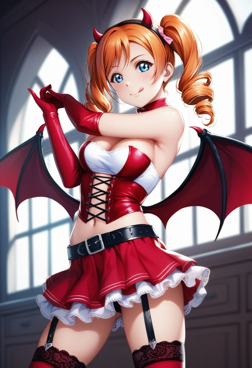 (Masterpiece, Best Quality, High Quality), realistic anime art, love live,kousaka honoka love live, dim night light,orange hair,blue eyes,red tube top,2thin straps top,red multilayer skirt,fake demon wings, twintails,drill hair, cross-laced thighhighs,lace elbow gloves ,fake demon horns, indoors, standing, sexy, erotic figure , licking lips, erotic pose