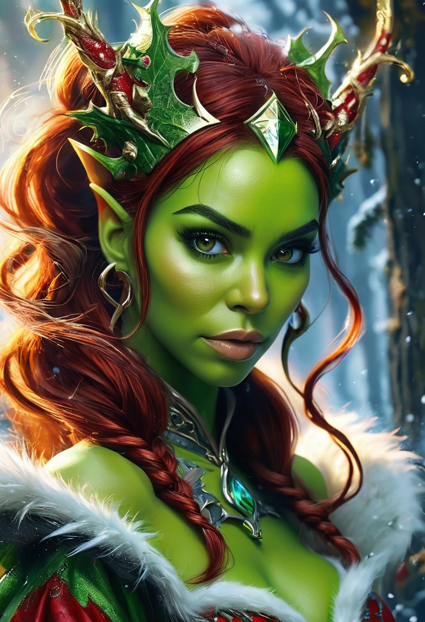 Anthropomorphic female grinch mage. Official Art – Charecter profile. An Award-Winning Digital Masterpiece In 4K Ultra HD, Extreme Detail And Intricate Realism. Symmetrical Face. This Concept Art Brought To Life By The Hands Of Artists Like Wlop & Artgerm In A Stunning 2D Vector Illustration.Background Is A Panoramic Vista. Kim Kardashian