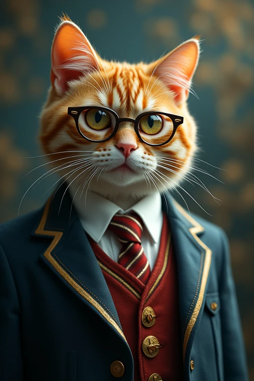 ((Highest quality)), ((masterpiece)), (detailed)), A cat wearing a magic school uniform、Glasses