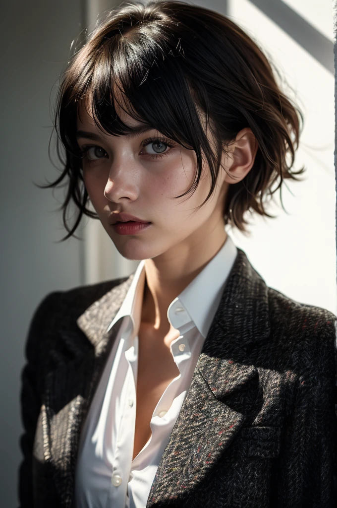 Instagram Photos, French woman, 21 years old, square hair cut,Black Hair, Tweed jacket, Neckline, pale, Sharp Shadow,whole body,Pure white background,White background