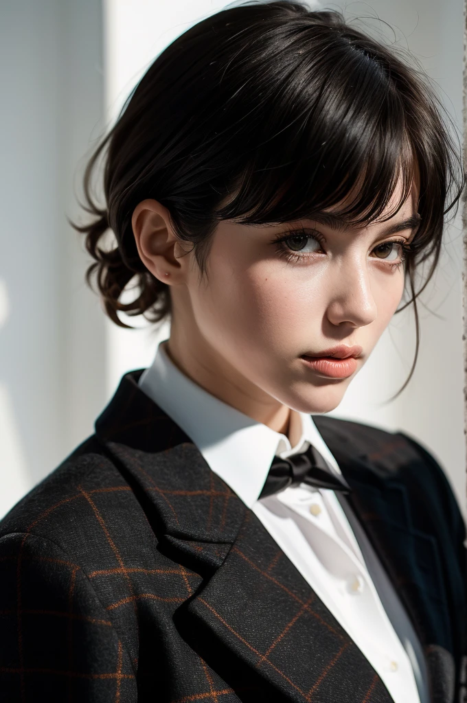 Instagram Photos, French woman, 21 years old, square hair cut,Black Hair, Tweed jacket, Neckline, pale, Sharp Shadow,whole body,Pure white background,White background