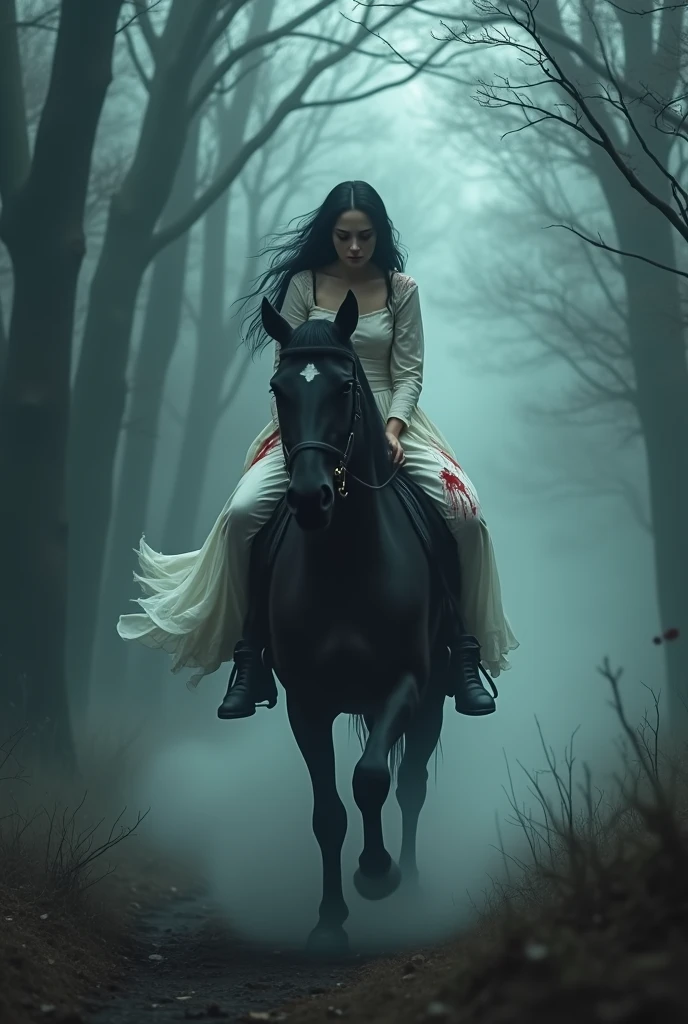 Woman in a white dress stained with blood riding a black horse in a forest with a dark mist