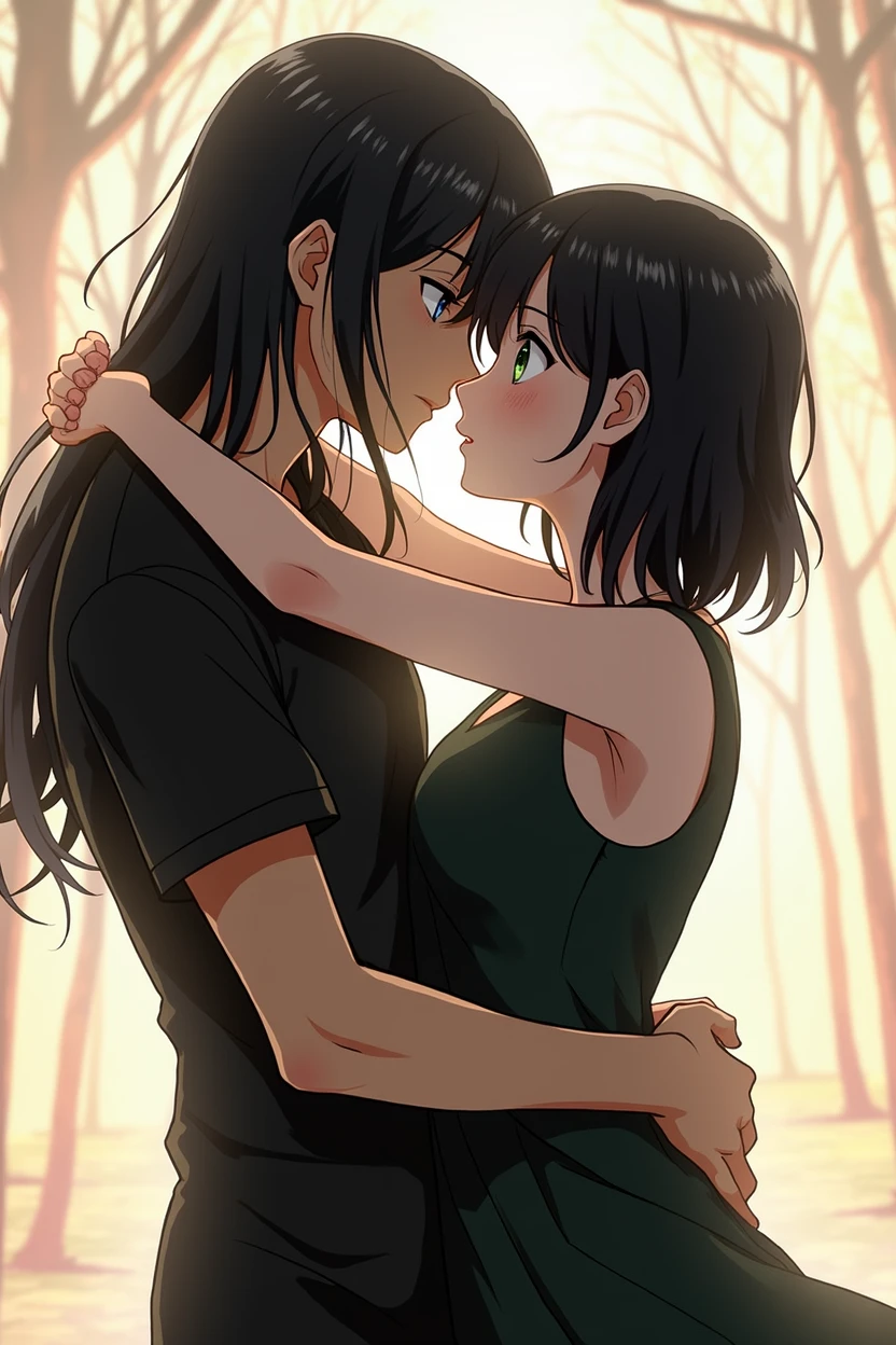 2 people, boy, very beautiful, long black hair, beautiful body, Black T-shirt, black trousers, grey eyes, kisses a girl with short black hair to her shoulders and green eyes, anime art, masterpiece, realistically