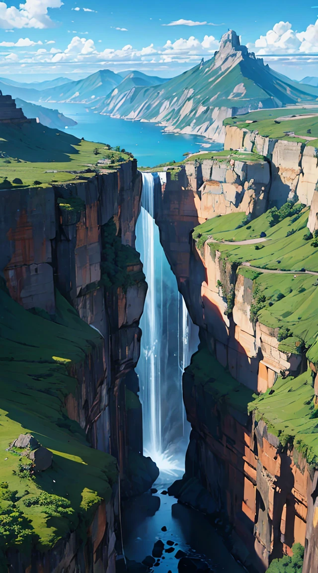Há uma cachoeira e uma cordilheira com várias trees em primeiro plano, impressionante paisaje de fantasia, an cenáRiu épico, fantasy painting，adorable, fantasy art landscape, most cenáRiu épico, Digital Matte Paintings 4k HD, Epic Fantasy Landscapes, Arte Digital Fina 4K, paisaje épica de fantasia onírica, cenáRiu épico, 4K fosco, Ross Chen. Fundo da paisajeDeserto largo, sky limpo, cenáRiu, moonligh, stele, high qualiy, anime style artwork, best qualityer, high qualiy, Extremely detailed CG 8k unity wallpaper, paisaje, open air, sky, nube, sky, sin humanos, moutain, paisaje, water, tree, blue sky, waterfall, cliff, naturey, lake, Riu , nubey skies, rewarded photography, bokeh, Depth of field, HDR, blossom, Chromatic aberration, fotorrealism, very detailled, trends on ArtStation, trends at CGSociety, intrikate, high détail, Dramatic, art in the middle of the journeyZombies tearing through crowds in the streets，Zombie virus outbreak in crowd，Chaotic and degraded streets，A crowd fleeing in panic，armageddon，Zombie games，Resident Evil，cenas realistas，Very clean，lot of details
