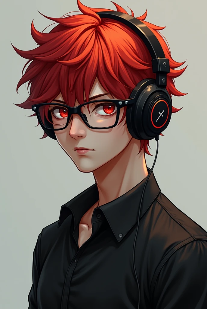 a boy with glasses, with red eyes and red hair wearing a shirt and headphones, tall and with a dominant attitude