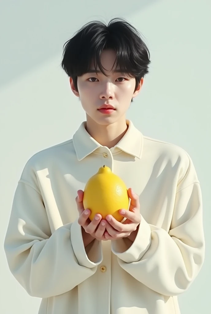 Jeong Jungkook with a lemon in his hands, black hair and white clothes 