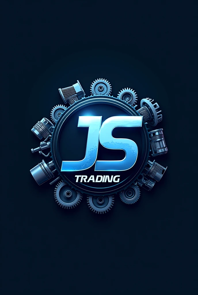 Logo named JS MOTO TRADING, color blue, background are parts of motor and different motor