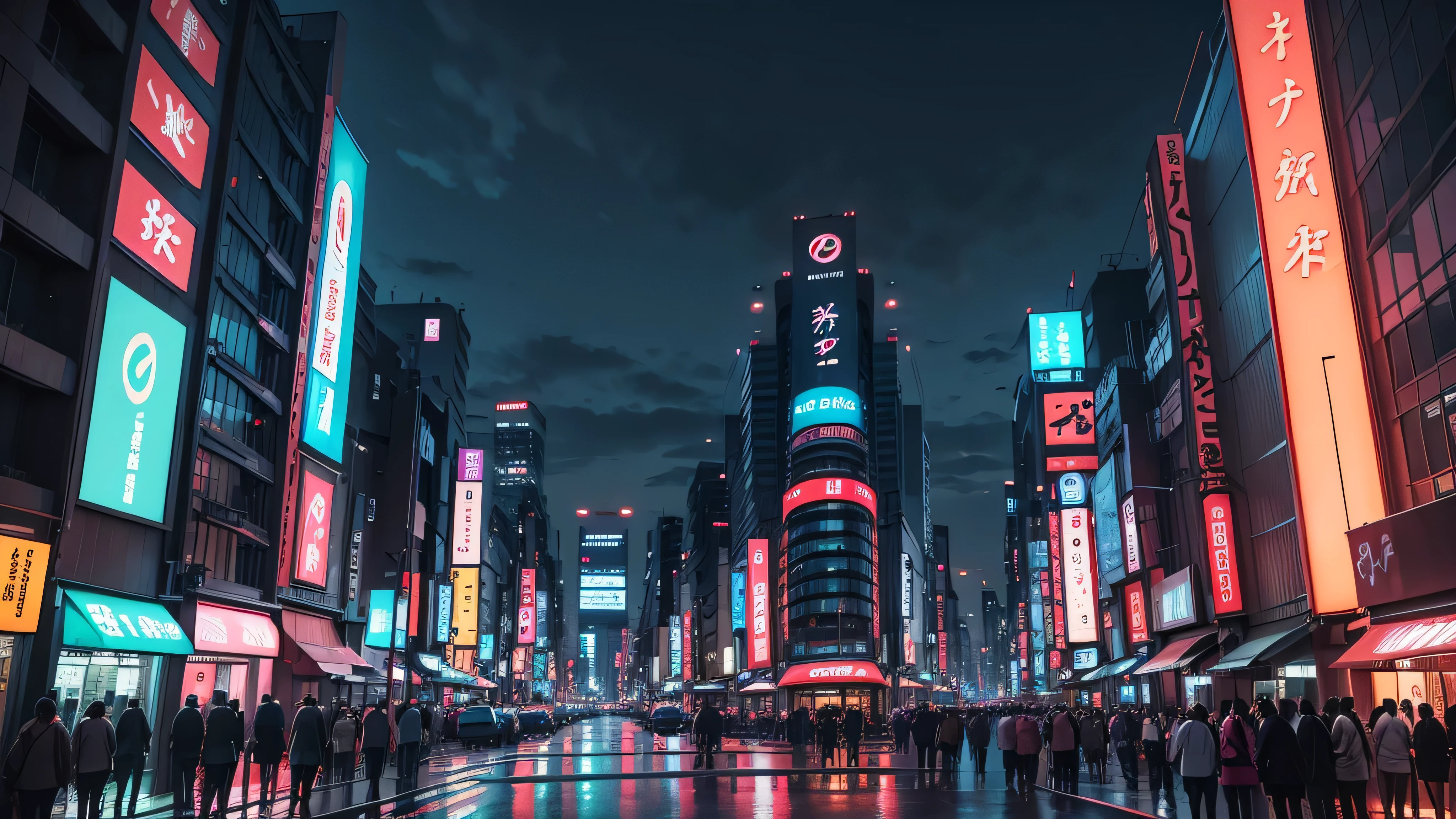 Anime-style background of Tokyo cityscape at night, The scene captures the vibrant energy of Tokyo with its towering skyscrapers adorned with neon signs and billboards, Streets are bustling with people and cars, reflecting the city's lively atmosphere, Traditional Japanese elements like a torii gate or cherry blossoms in the foreground add a touch of cultural authenticity, The sky is dark with scattered clouds, and the city's lights create a beautiful contrast, illuminating the scene, The overall mood should be dynamic and slightly futuristic, with a blend of modern urban life and traditional Japanese charm