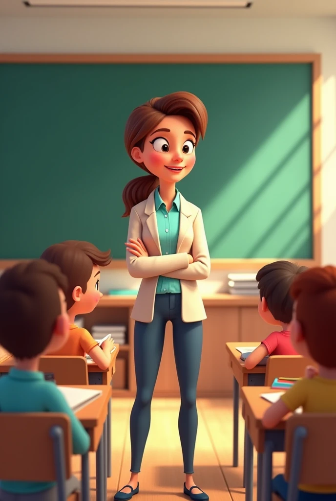 Animated image of a teacher in front of her students with the board behind her and the students (children) in rows of two-seater tables and facing the teacher