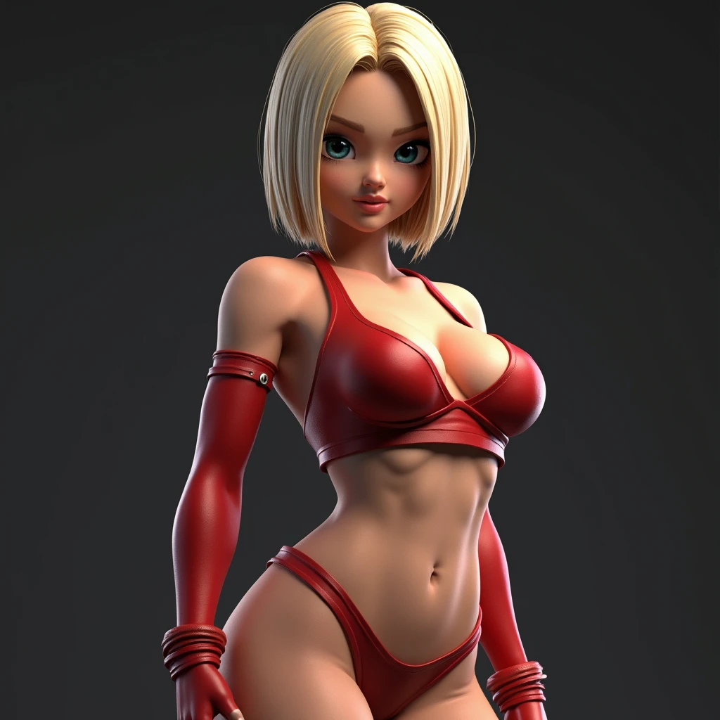 A beautiful detailed android 18 from dragon ball  with large breasts, thick thighs and hips, highly detailed, hyper realistic, 8k, photorealistic, volumetric lighting, cinematic lighting, dramatic lighting, intricate details, glossy skin, 3D render,