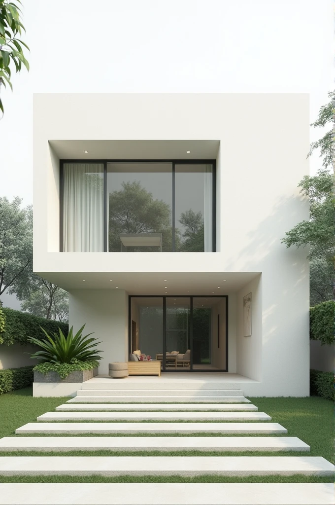 Create a minimalist house with 2 large windows, winged corridor and steps to climb the corridor, with planter 