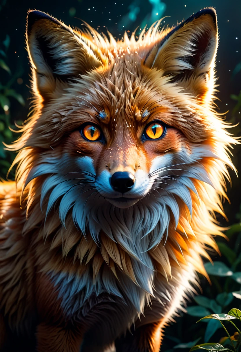 A mysterious fox, (hyperrealistic detailed portrait:1.37), (extremely detailed, cinematic lighting, dramatic atmosphere:1.2), (photorealistic, 8k, high resolution, best quality:1.4), sly and cunning expression, deep gaze piercing the soul, floating in space, paradoxical nature, transcending time and space, surreal and dreamlike, dramatic chiaroscuro lighting, vibrant and saturated colors, intricate fur details, glowing eyes, powerful and intense.