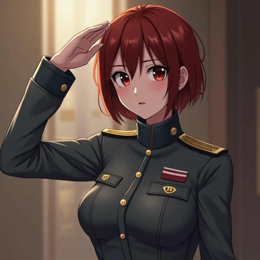 Earth Federation Forces。Lieutenant Matilda。Short reddish-brown hair。Gray military uniform。Dark Eyes。Red Rouge。
sexy。
Beauty。Beautiful breasts。Is saluting。File in her left hand。
masterpiece、Highest quality、8k、uhd、High definition、Fine skin quality。Realistic、
From the waist up