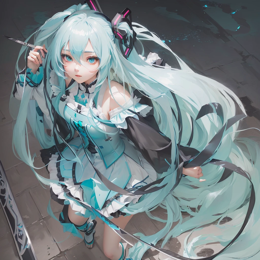 anime girl with long hair and blue eyes holding a sword, portrait of hatsune miku, hatsune miku portrait, hatsune miku, digital art on pixiv, zerochan art, miku, trending on artstation pixiv, mikudayo, pixiv contest winner, anime girl with teal hair, pixiv, guweiz on pixiv artstation